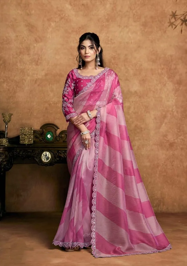 Soft Checked Organza Saree – Pink & Light Lavender